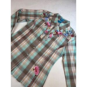 Survival Plaid Western Shirt Medium Embroidered Floral Studded Raw Hem  Boho New